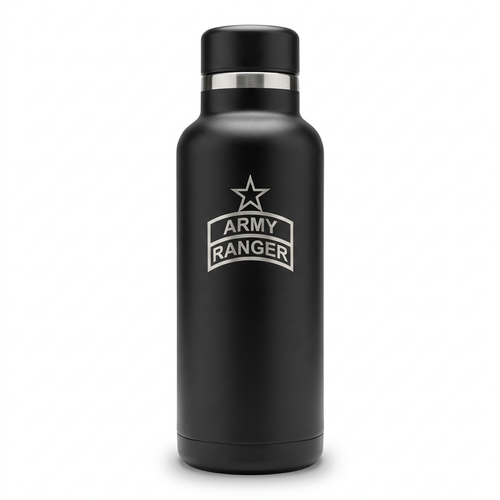 Army Ranger Water Bottle — black matte stainless steel insulated bottle with engraved Ranger Tab