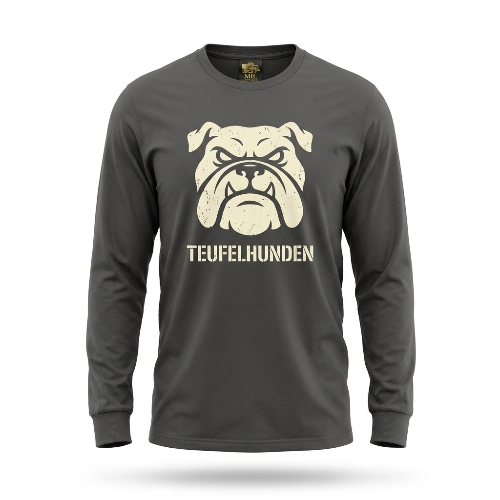 Marines Devil Dog Long Sleeve — charcoal grey long sleeve tee with cream Devil Dog Teufelhunden graphic