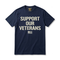 Support Our Veterans Tee — navy blue tee with stacked cream stencil typography