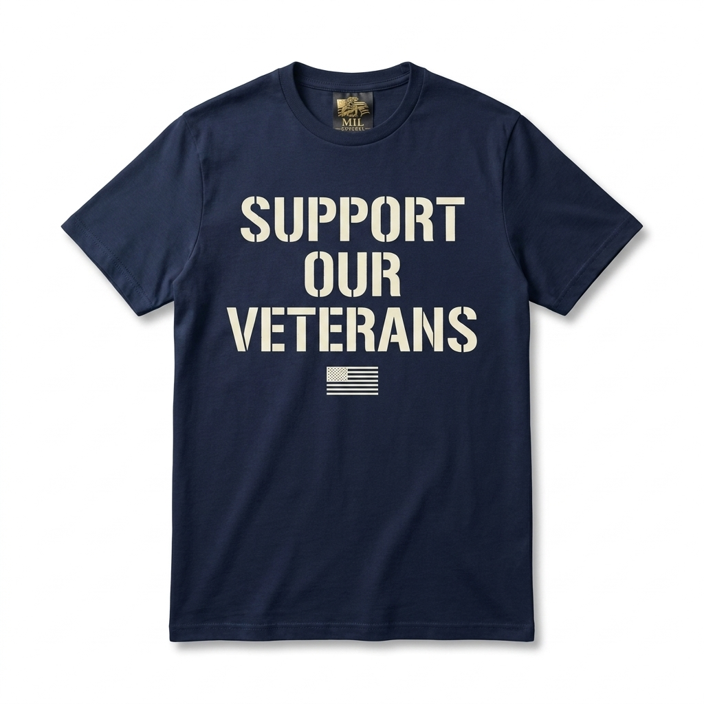 Support Our Veterans Tee — navy blue tee with stacked cream stencil typography