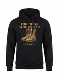 Last Full Measure Hoodie - Front - Black memorial hoodie with gold combat boots, dog tags and FOR THOSE WHO SERVED print