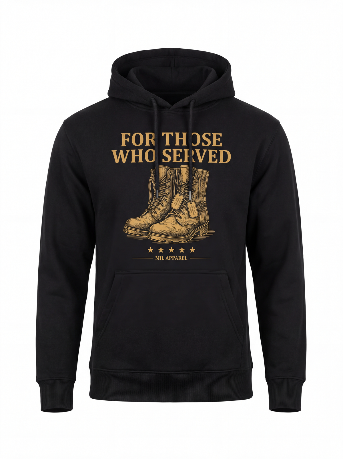 Last Full Measure Hoodie - Front - Black memorial hoodie with gold combat boots, dog tags and FOR THOSE WHO SERVED print