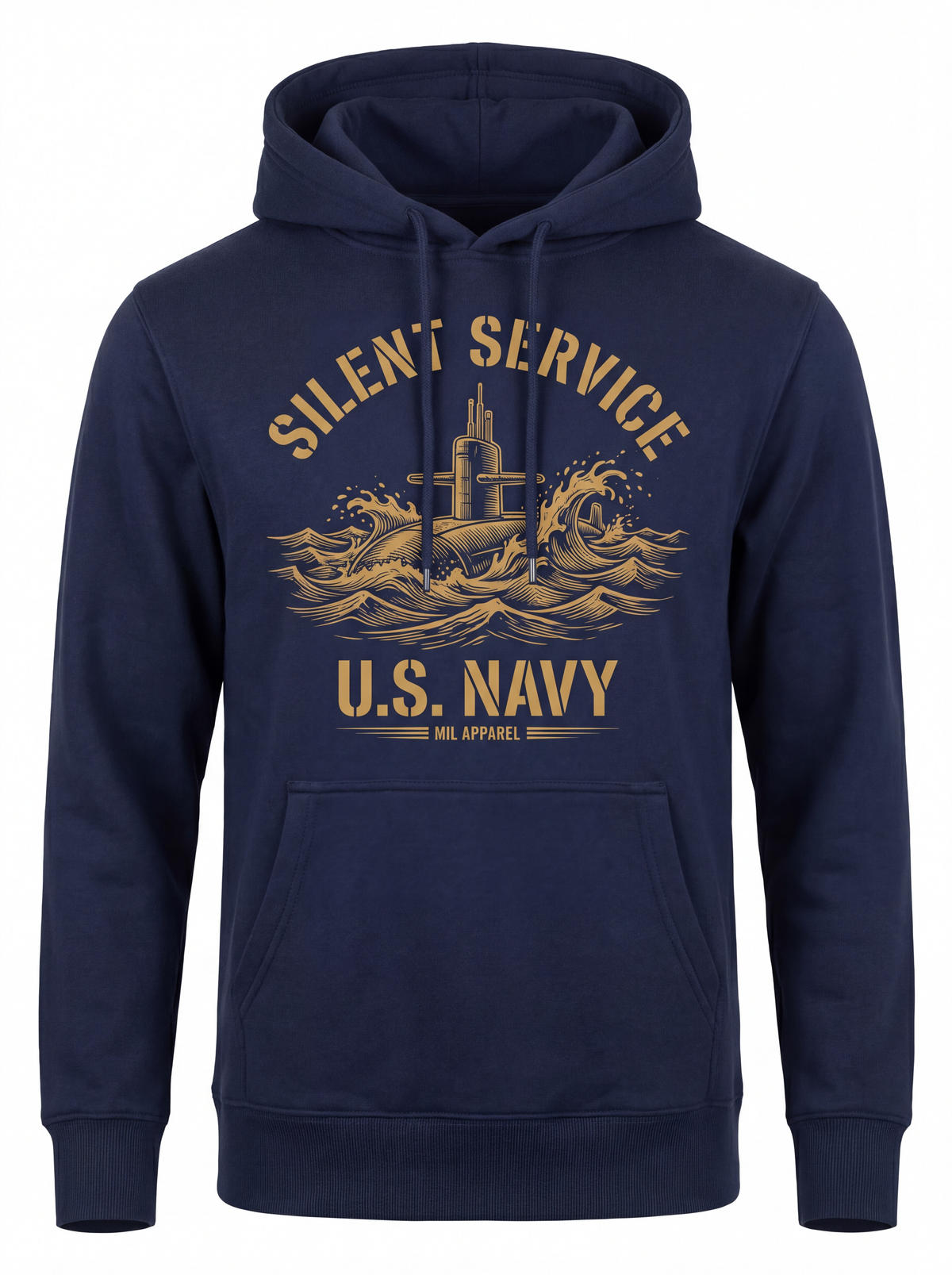 Silent Service Hoodie - Front - Navy blue submarine hoodie with gold conning tower and SILENT SERVICE U.S. NAVY print