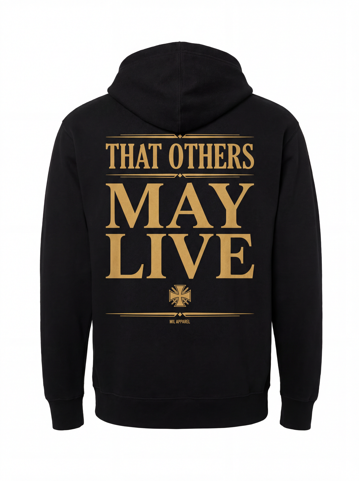 Guardian Angel Hoodie - Back - Black Air Force PJ hoodie with gold That Others May Live bold typography