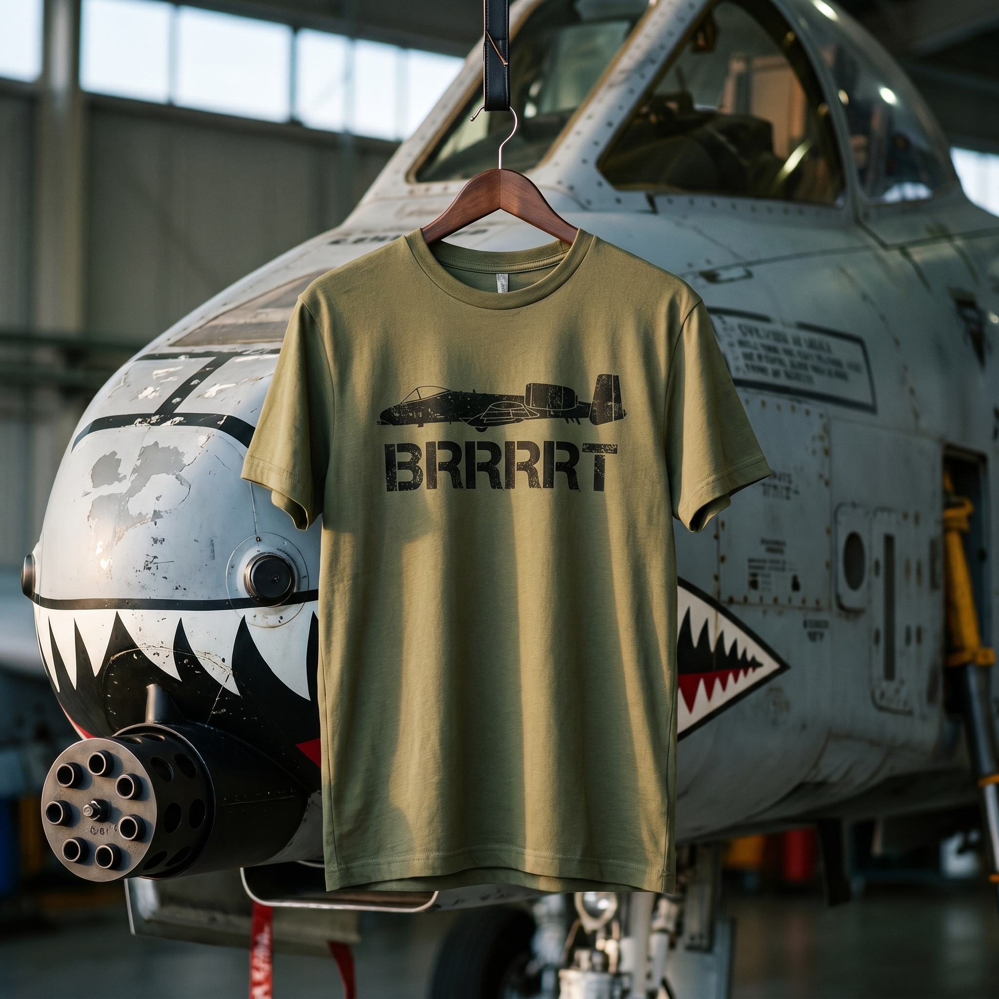A-10 Warthog Tee (green) hanging in front of a real A-10 Thunderbolt II shark-mouth nose