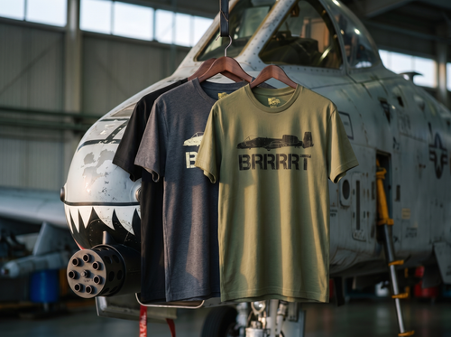 A-10 Warthog Tee in all three colors hanging in front of a real A-10 shark-mouth nose