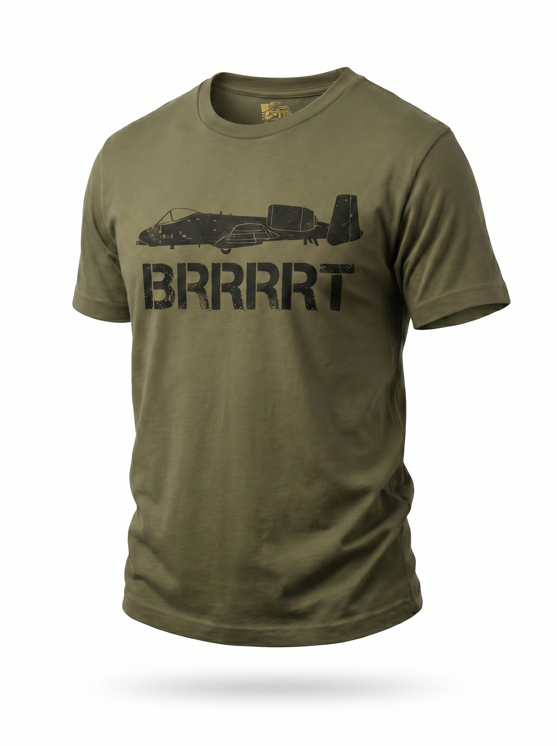 A-10 Warthog Tee green - ghost mannequin with gold Mil Apparel neck label