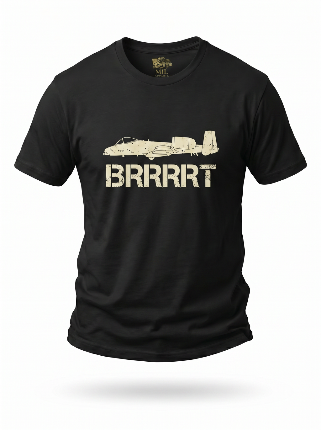 A-10 Warthog Tee black - ghost mannequin with gold Mil Apparel neck label