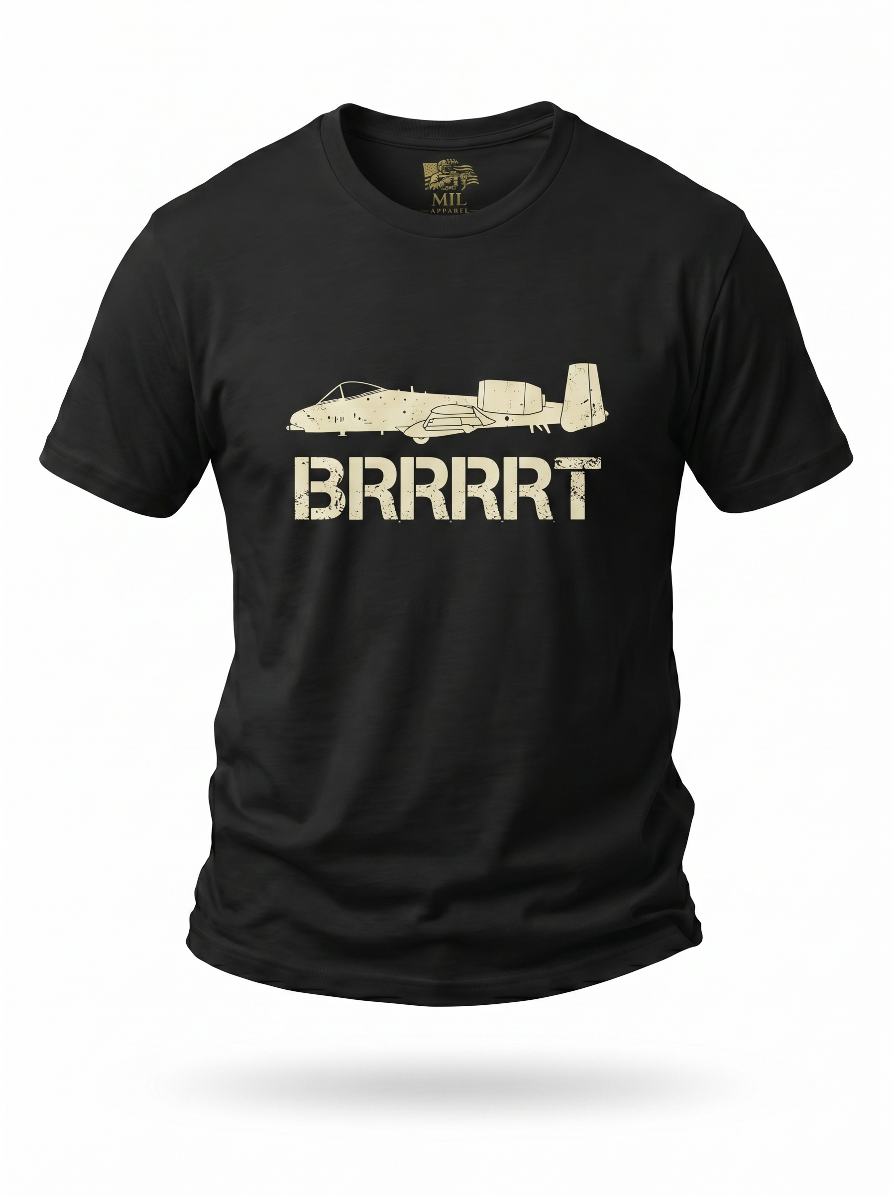A-10 Warthog Tee black - ghost mannequin with gold Mil Apparel neck label