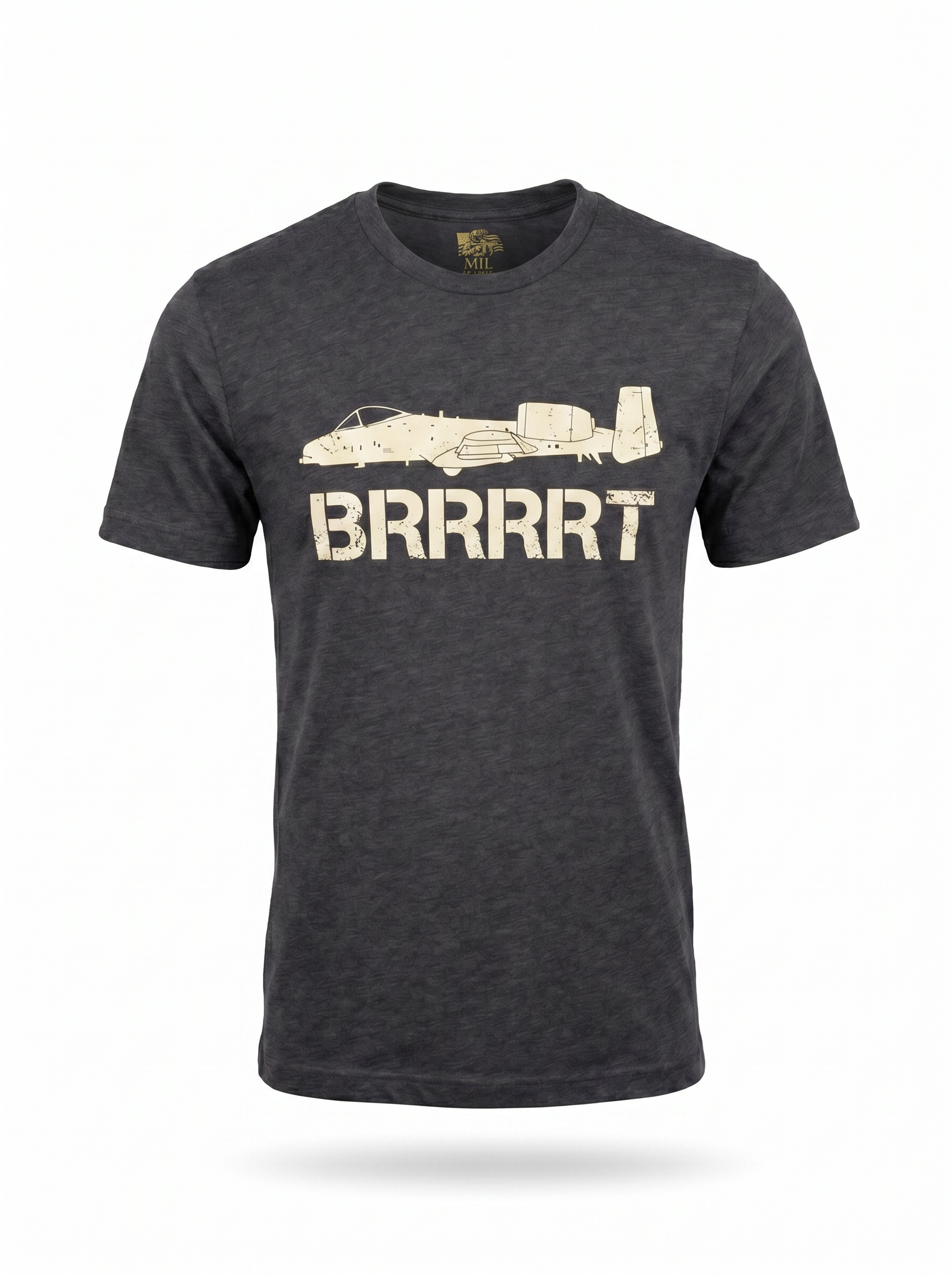 A-10 Warthog Tee dark grey - ghost mannequin with gold Mil Apparel neck label