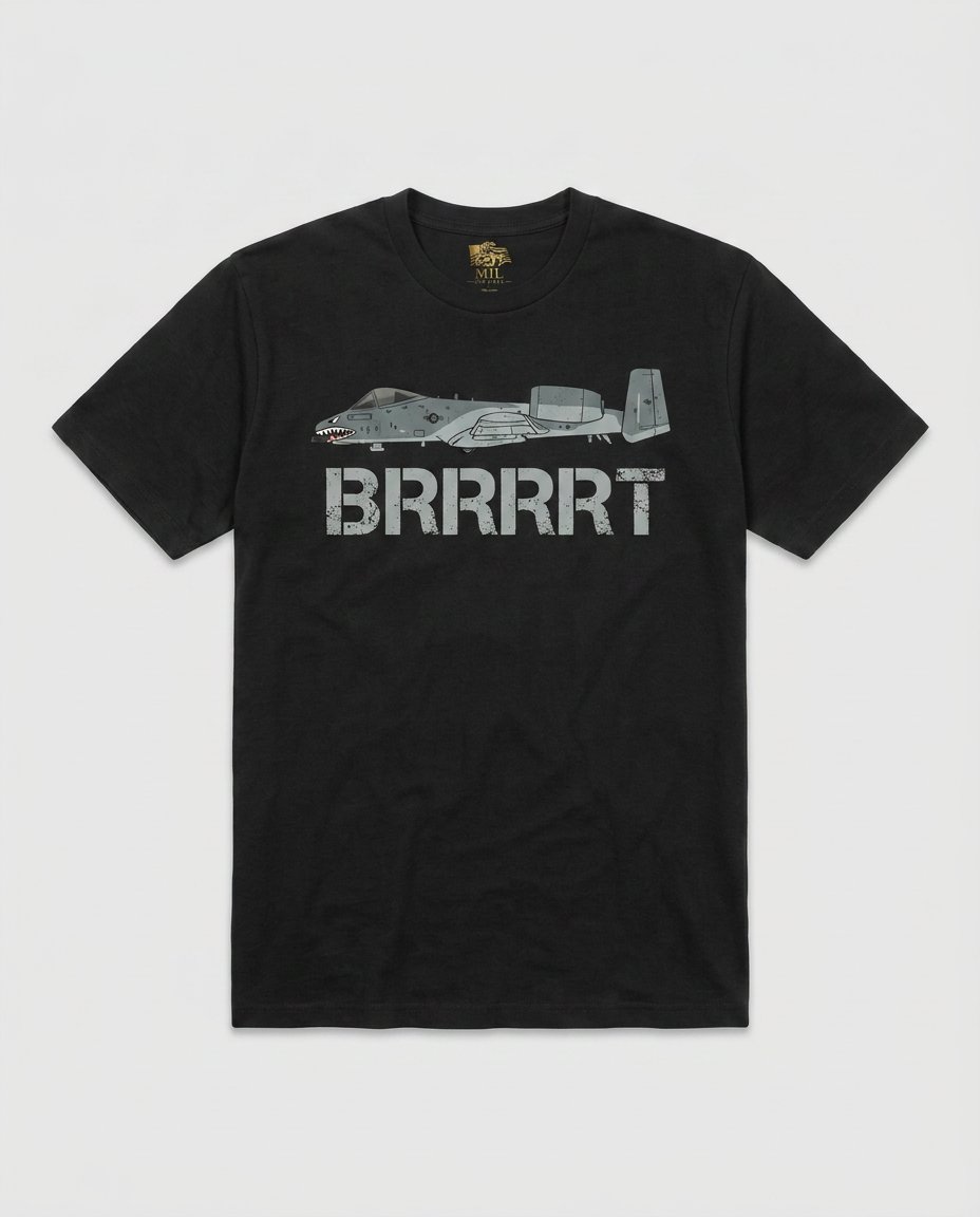 A-10 Warthog BRRRRT tee, black, ghost-mannequin front view with Mil Apparel neck label