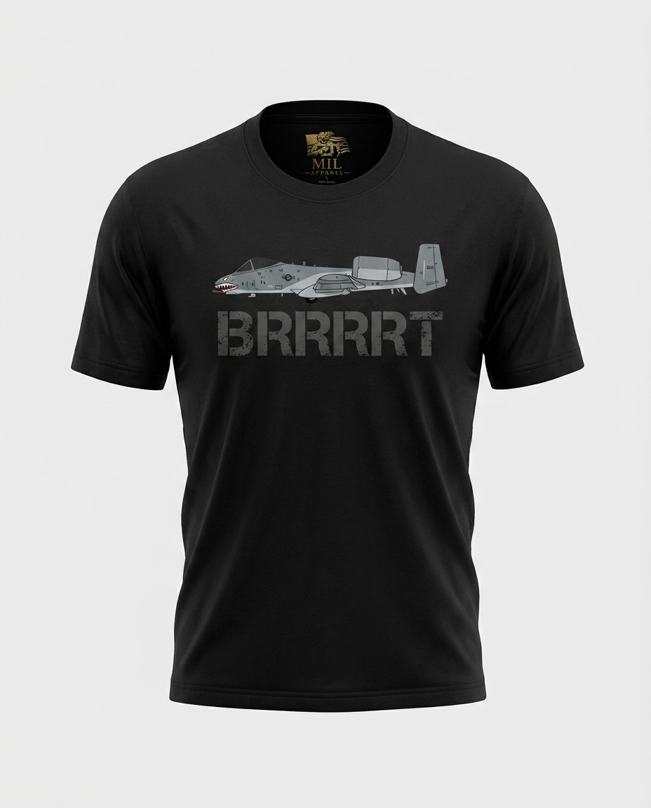 A-10 Warthog BRRRRT tee, black, ghost-mannequin front view, alternate design, with Mil Apparel neck label