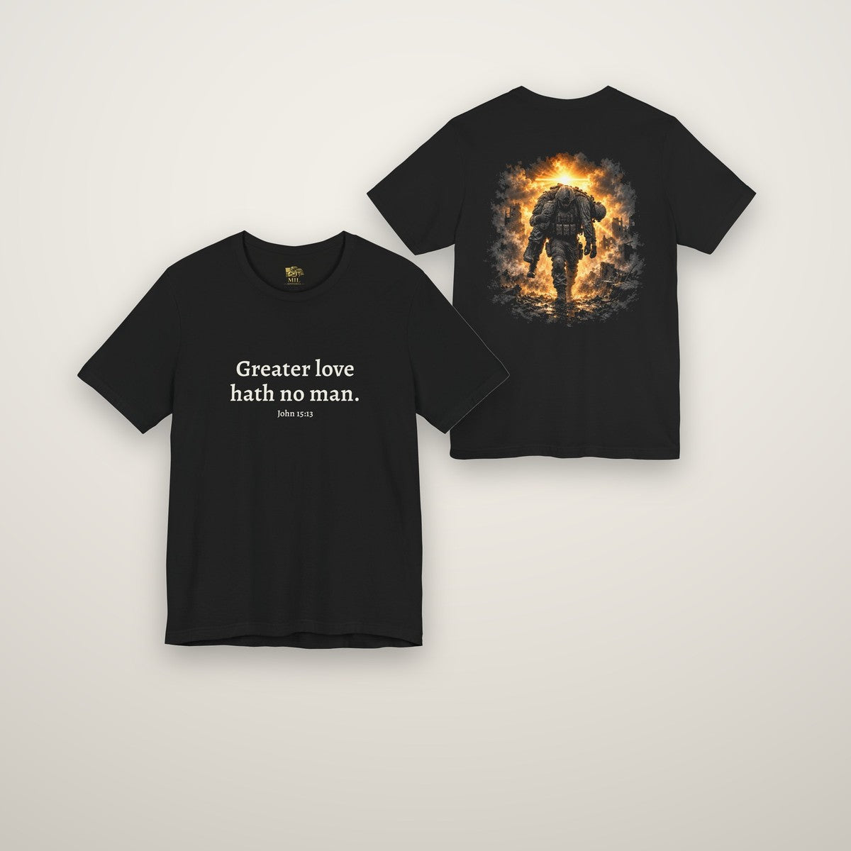 John 15:13 Greater Love tee in black, front and back