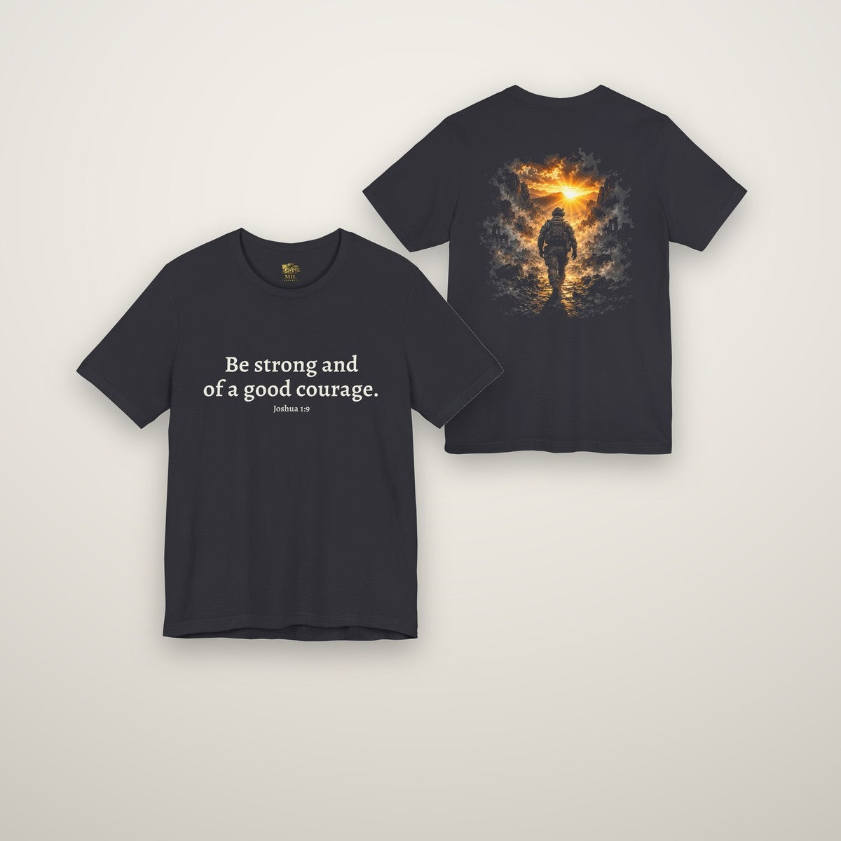 Joshua 1:9 tee in dark grey, front and back