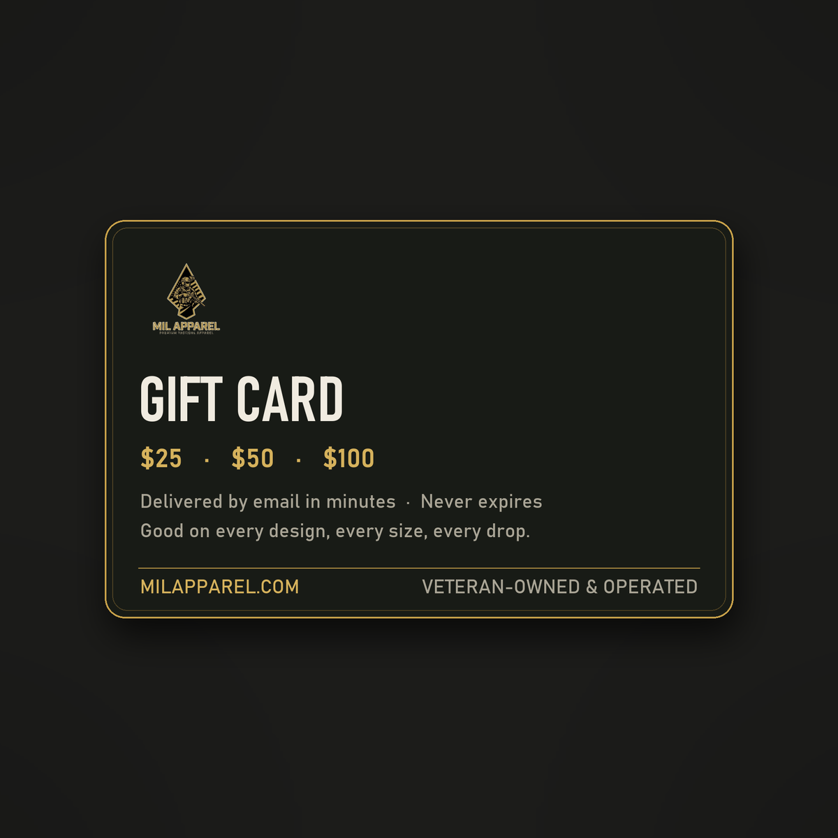 Mil Apparel digital gift card in black and gold, $25, $50 or $100, delivered by email
