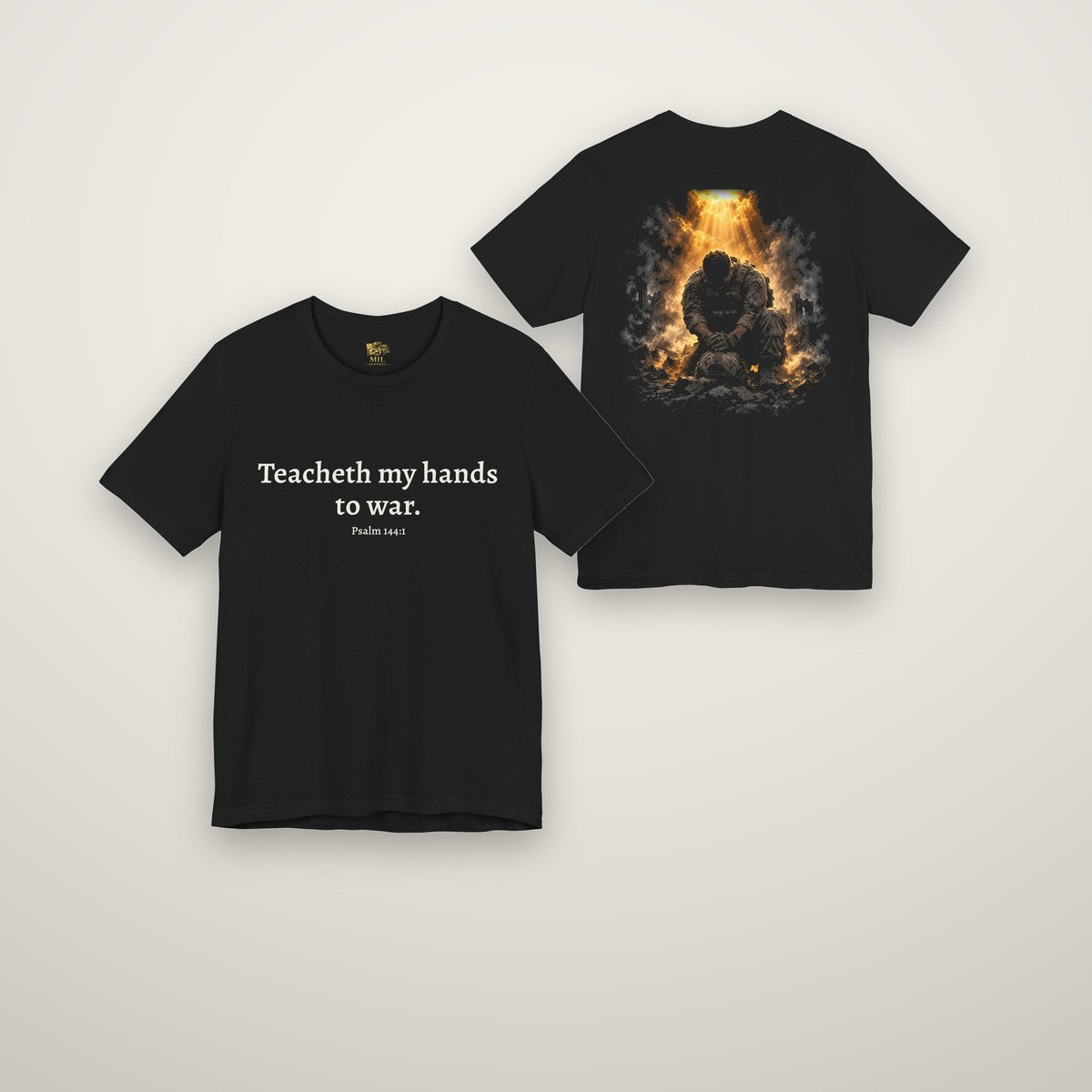 Psalm 144:1 tee in black, front and back