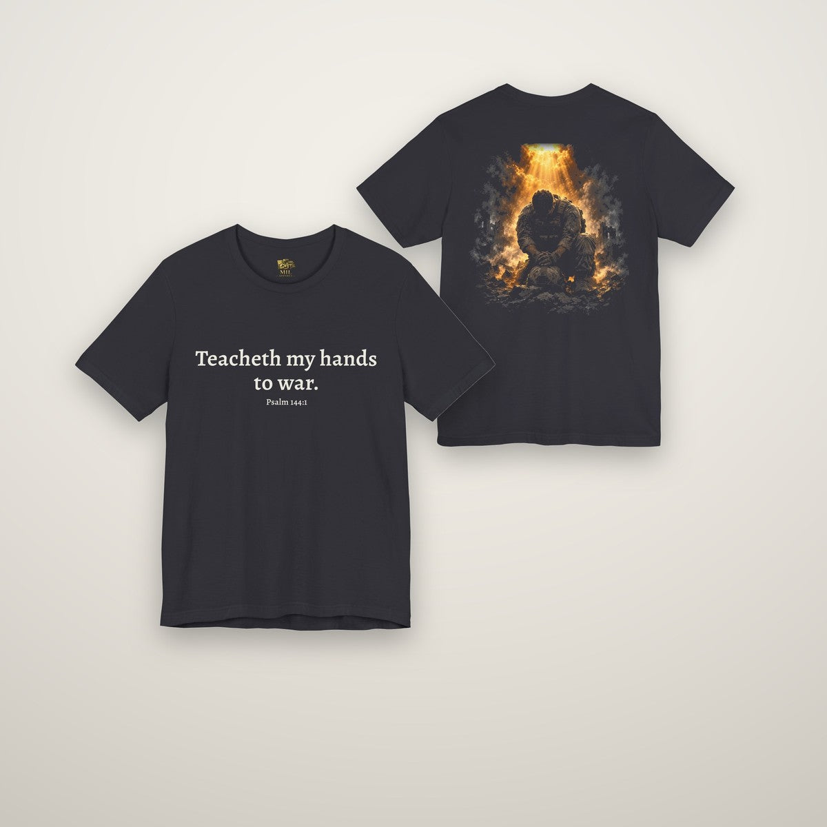 Psalm 144:1 tee in dark grey, front and back