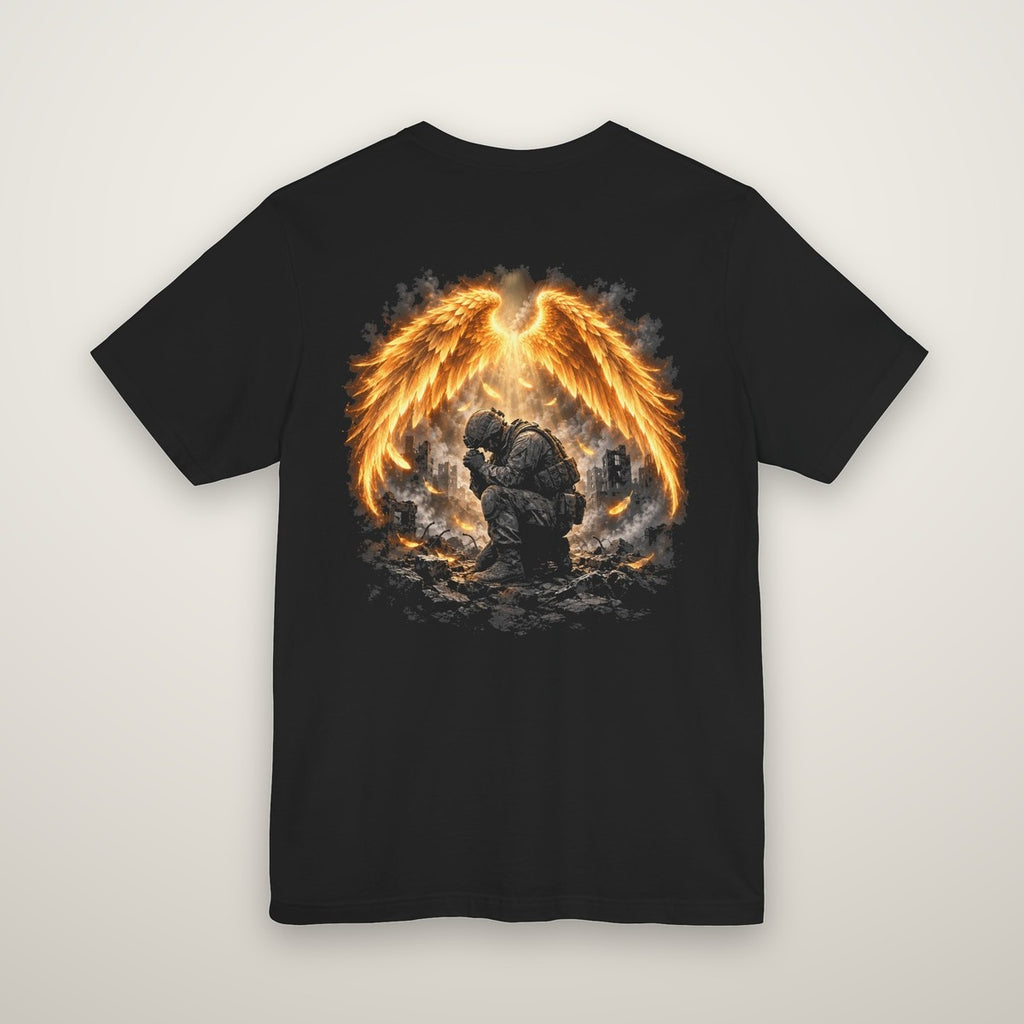 Back print: a kneeling soldier sheltered beneath golden wings, Psalm 91