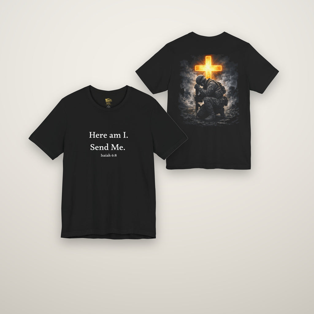 Here Am I Send Me tee in black, front and back