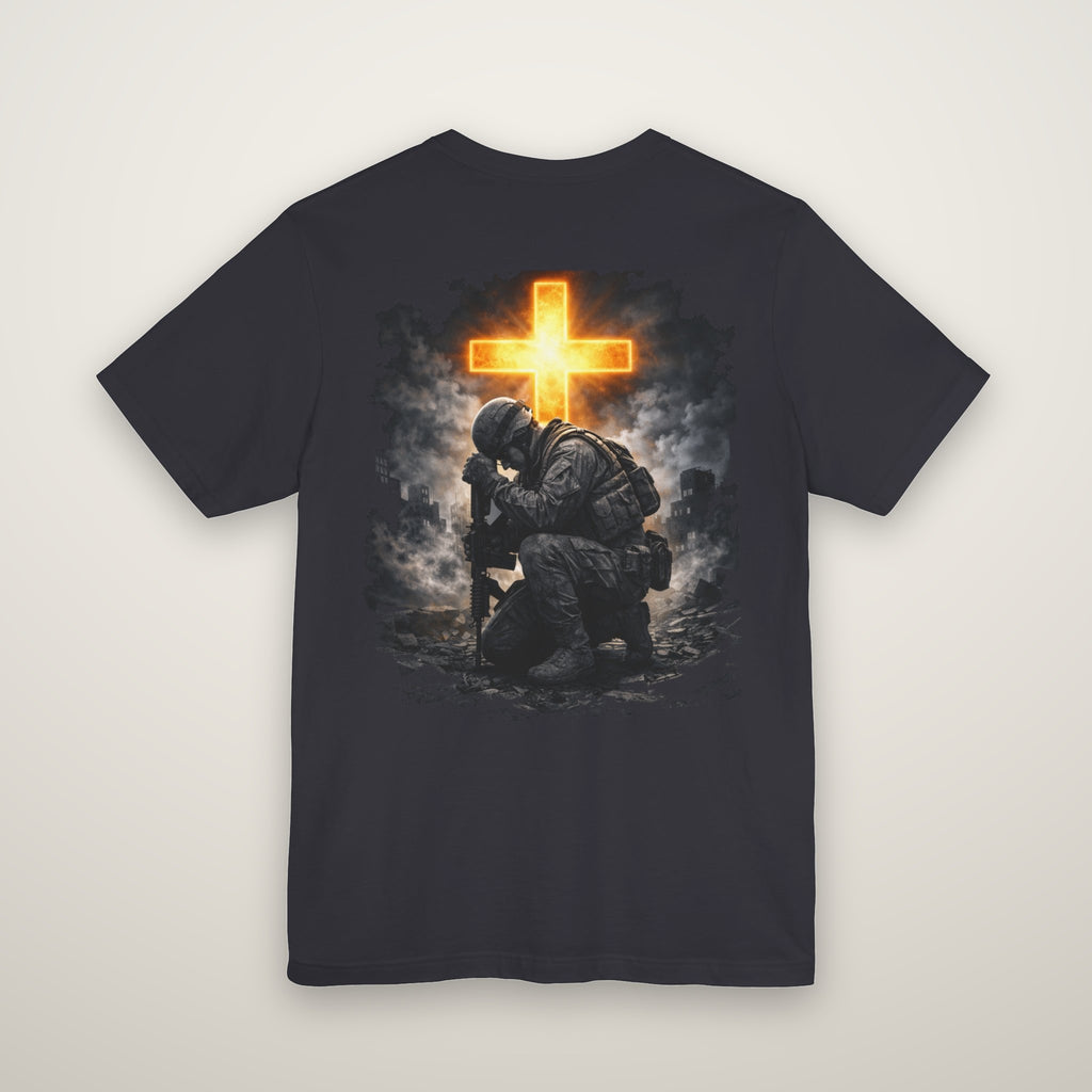 Here Am I Send Me tee in dark grey, back: kneeling soldier beneath a glowing cross