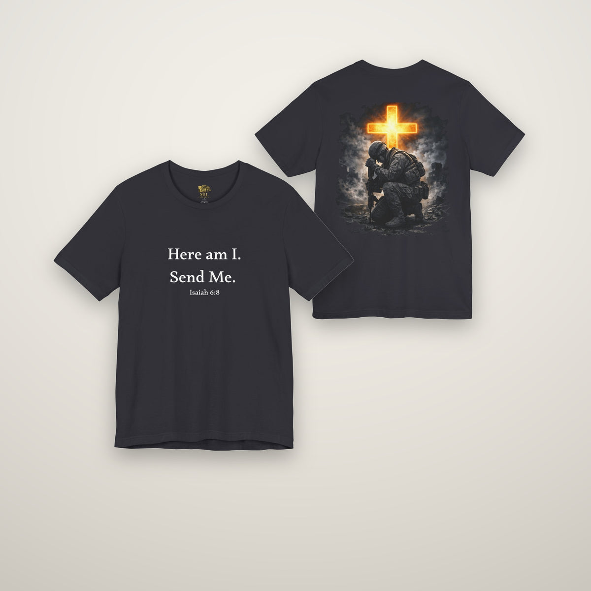 Here Am I Send Me tee in dark grey, front and back