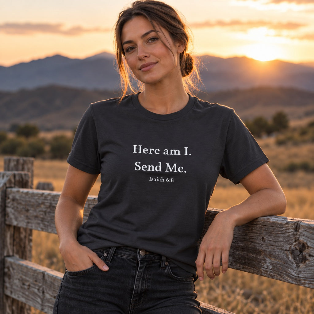 Woman wearing the dark grey Here Am I Send Me tee by a ranch fence at sunset
