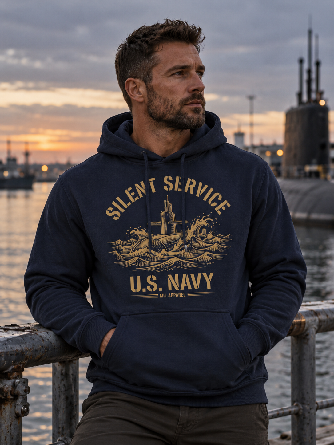 Man wearing the navy Silent Service submarine hoodie on a naval pier at dusk