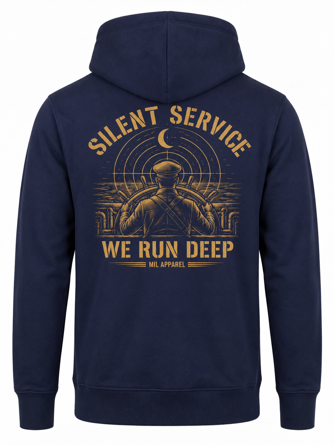 Silent Service Hoodie - Back - Navy blue submarine hoodie with gold helmsman, sonar rings and WE RUN DEEP print