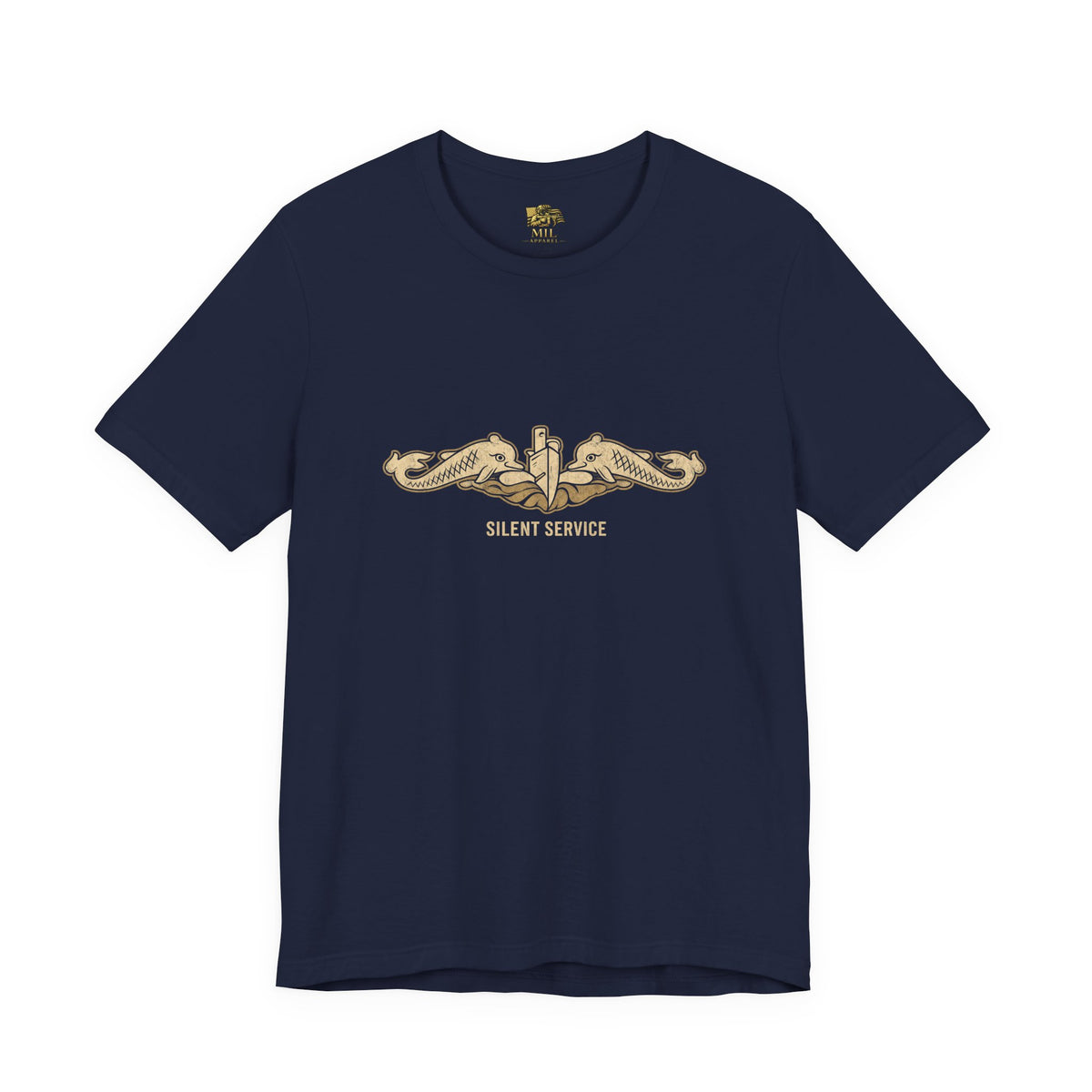 Submarine Dolphins Silent Service tee, navy, front view - U.S. Navy submariner t-shirt