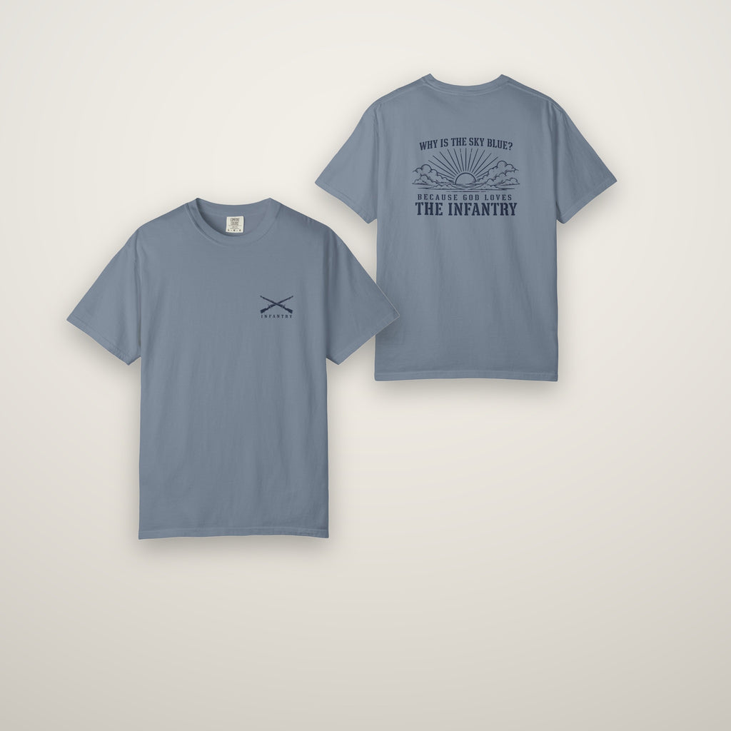 Why Is the Sky Blue Infantry tee in Blue Jean, front and back
