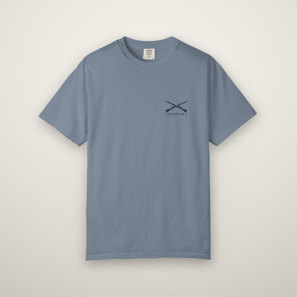 Why Is the Sky Blue Infantry tee front, Infantry crossed rifles on the left chest