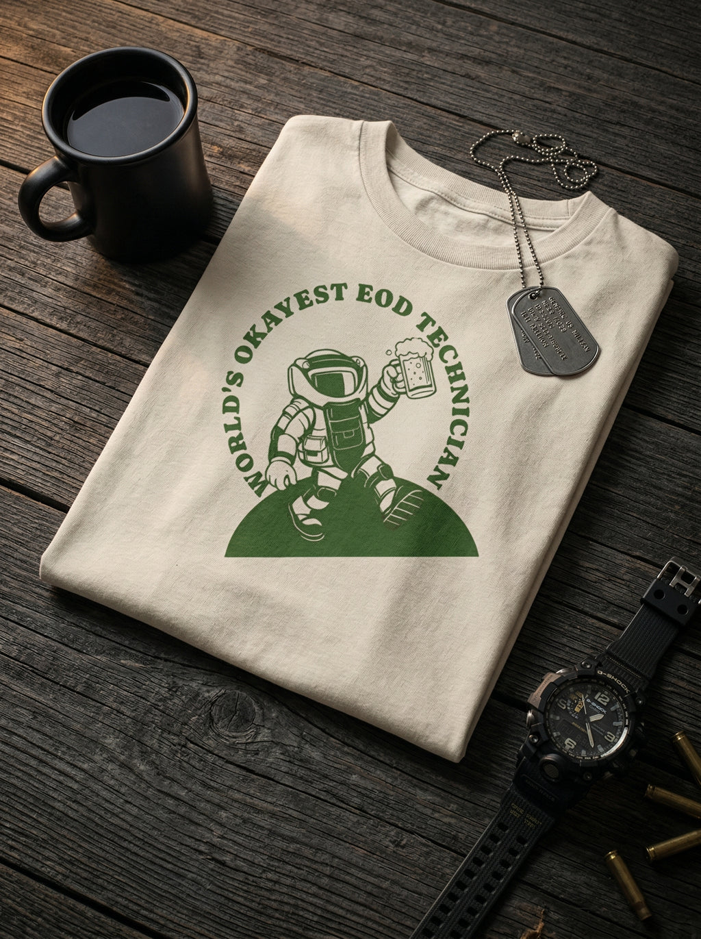 World's Okayest EOD Technician tee, cream, front view