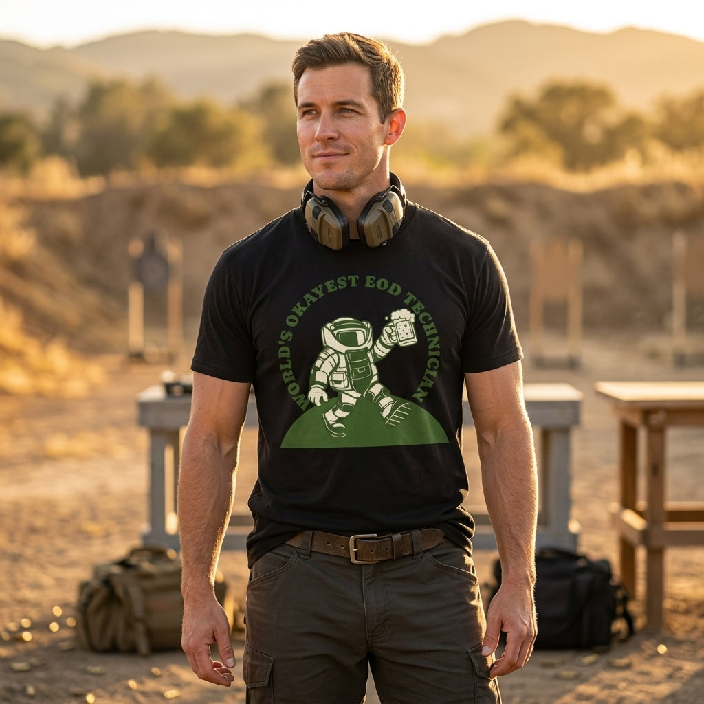 World's Okayest EOD Technician tee worn on model