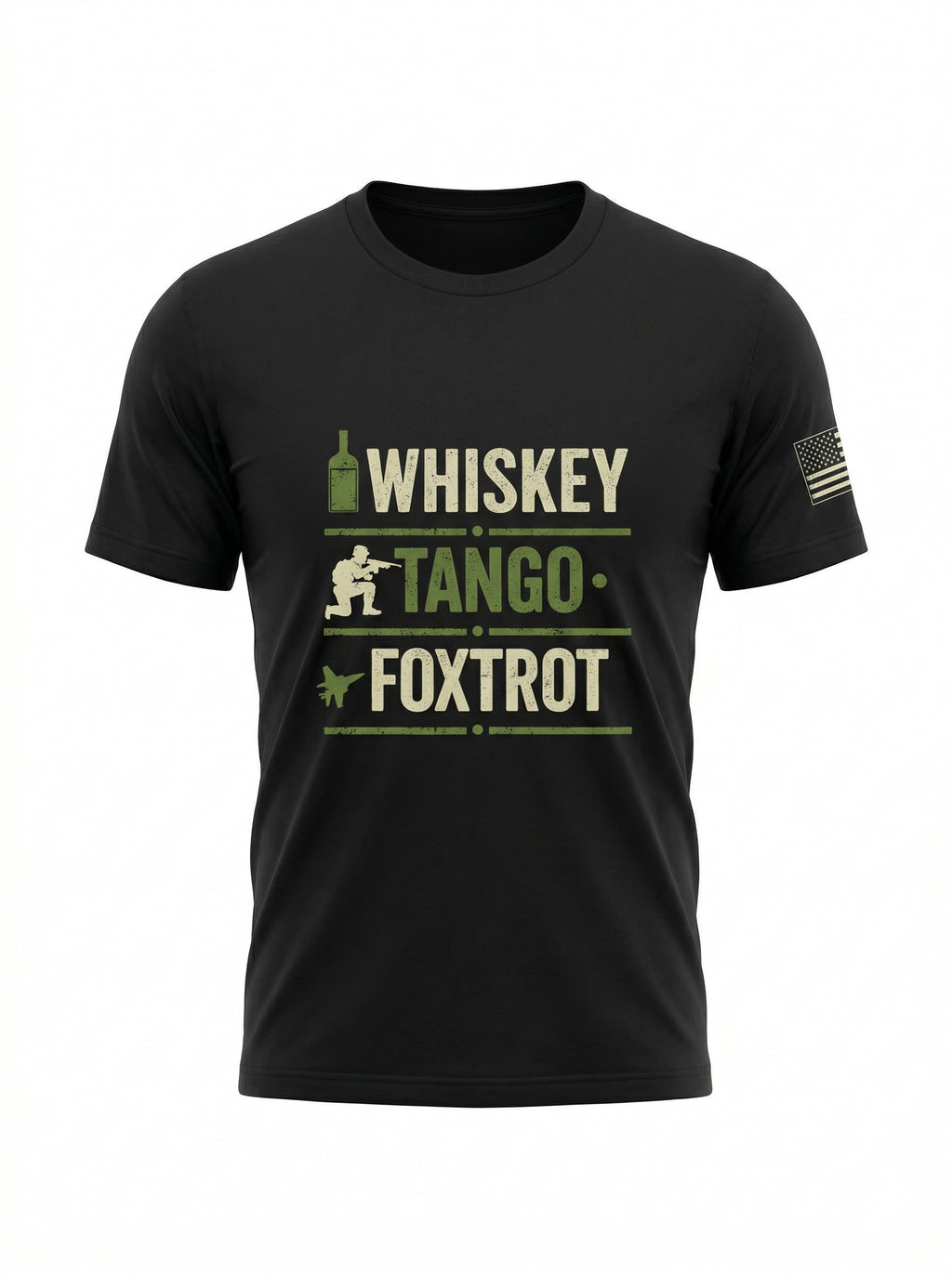 WTF Whiskey Tango Foxtrot tee in black, front view - Mil Apparel military humor t-shirt