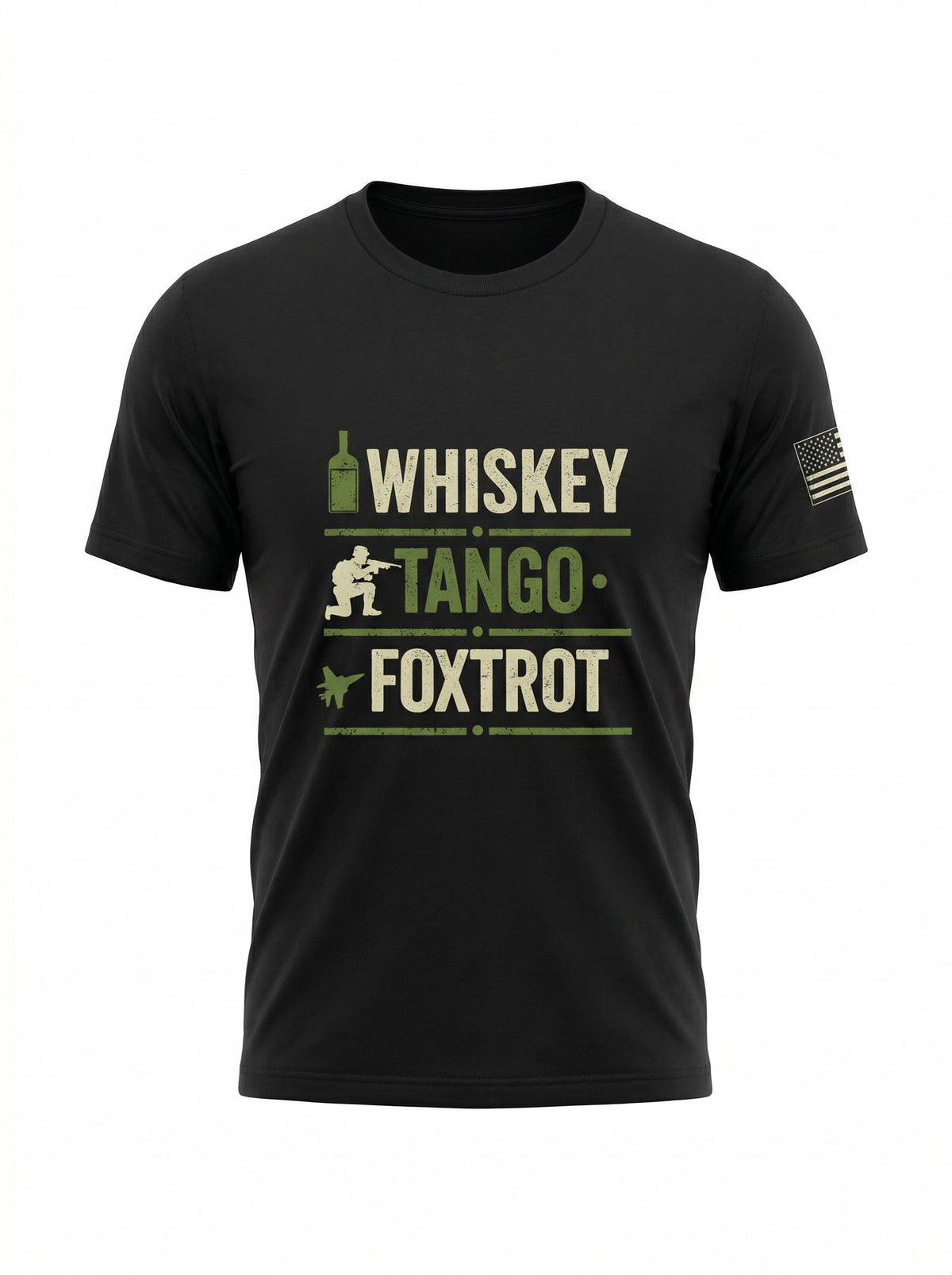 WTF Whiskey Tango Foxtrot tee in black, front view - Mil Apparel military humor t-shirt
