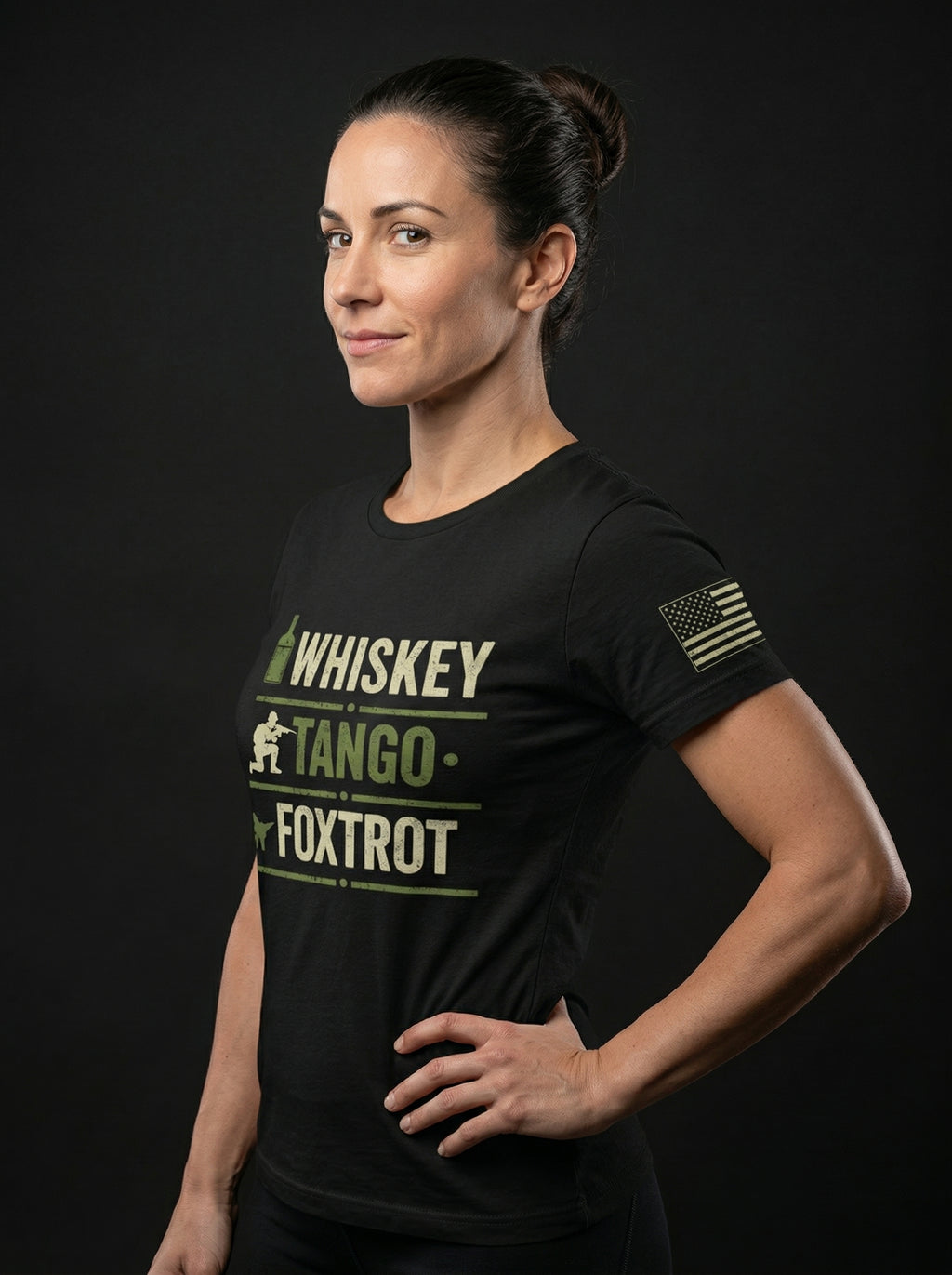 WTF Whiskey Tango Foxtrot tee, black, lifestyle view