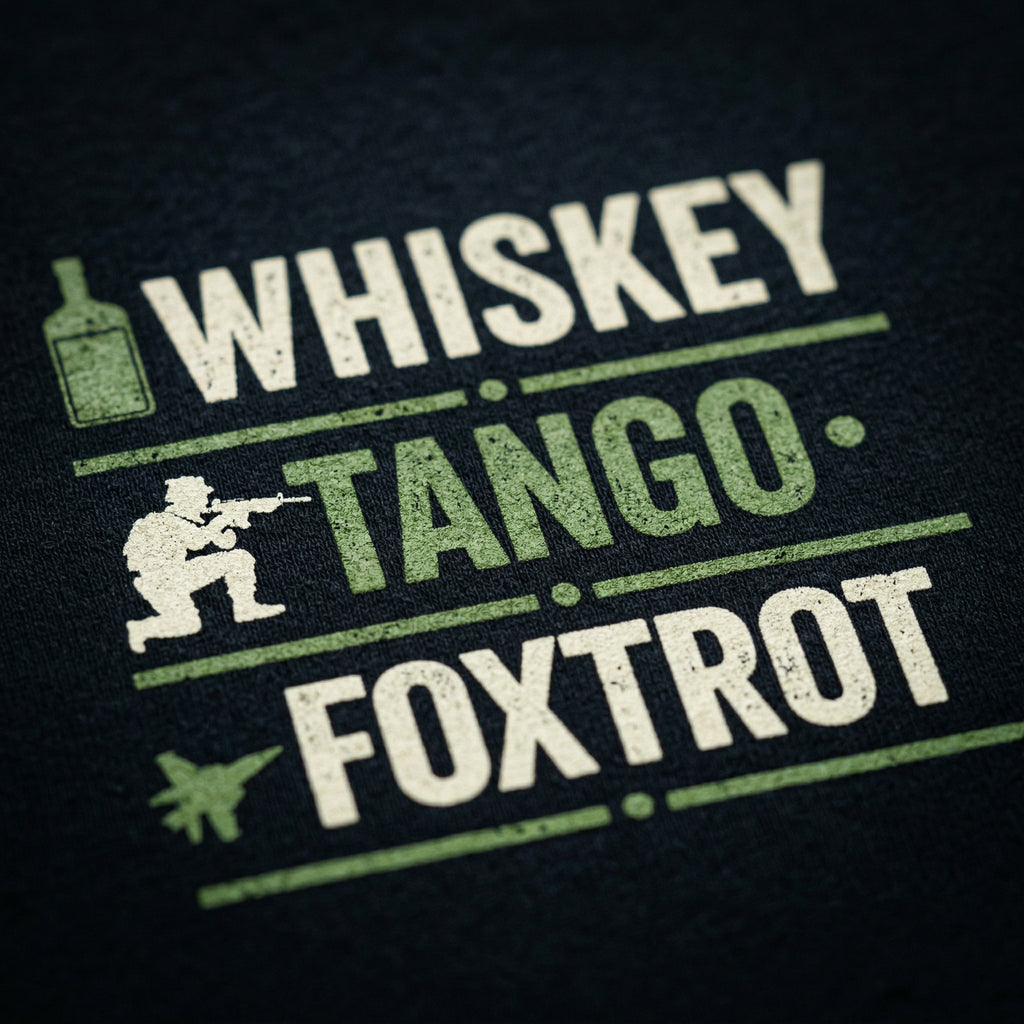 Whiskey Tango Foxtrot phonetic alphabet graphic tee, black, detail view